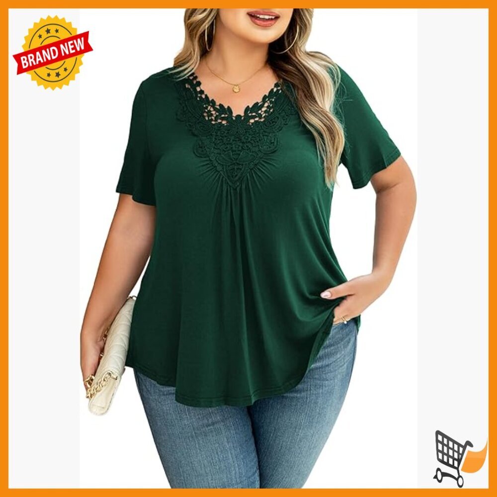 Plus Size Lace Crochet Tunic Top Short Sleeve V-Neck Blouse